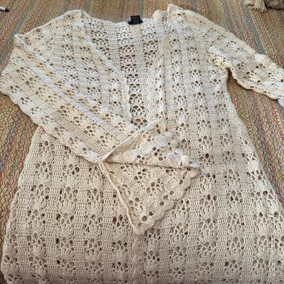 One Step Up Knitwear Chic Cream Crochet Open Front Cardigan Size Large - Picture 9 of 10
